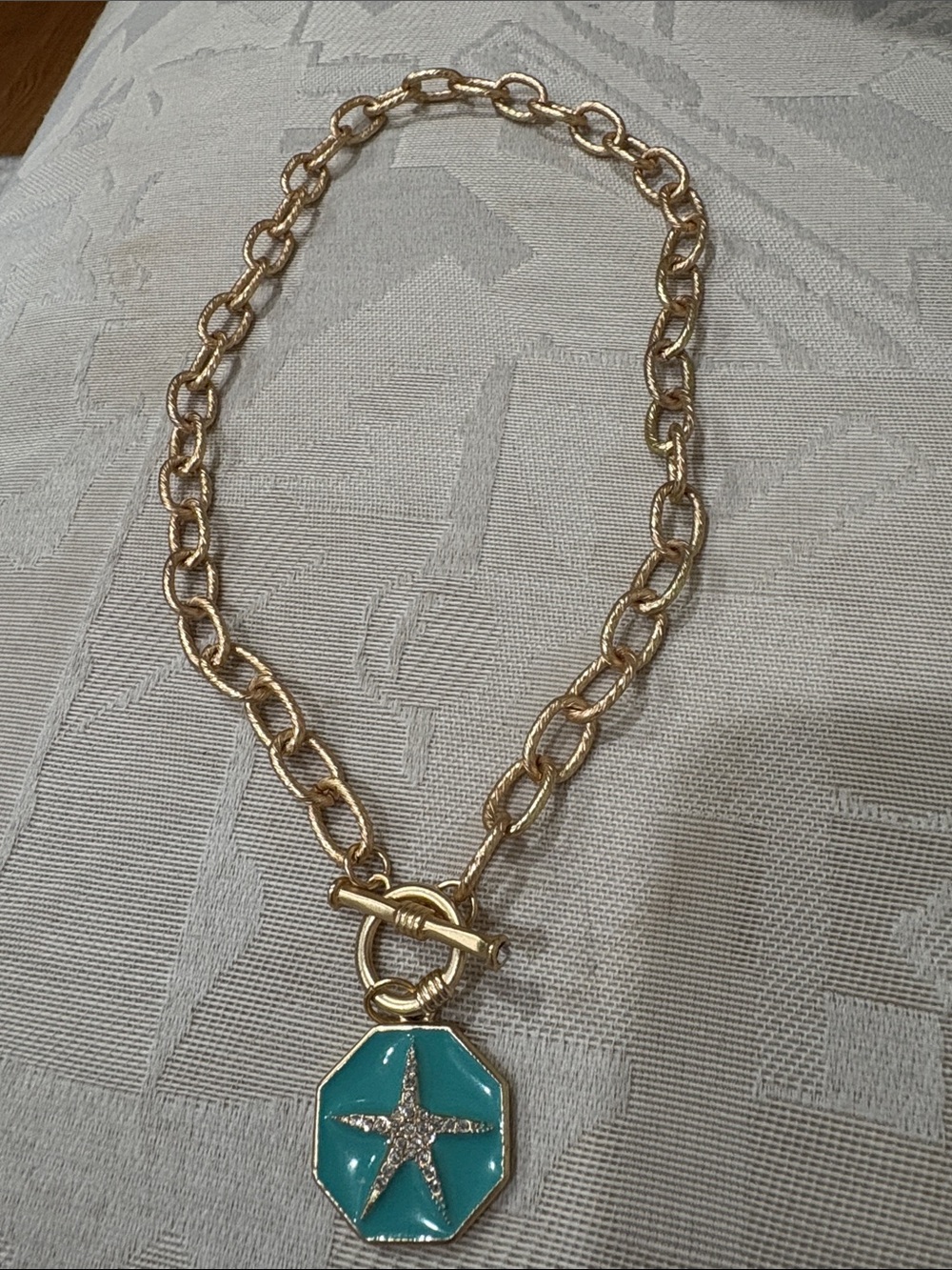 Fornash textured gold Chain octagon enamel Necklace Turquoise Starfish Pendant